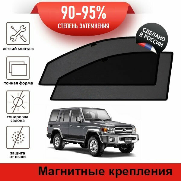 Каркасные шторки LATONIK PREMIUM на Toyota Land Cruiser 70 (2007-н. в.) джип 5d на передние двери на магнитах с затемнением 90-95%