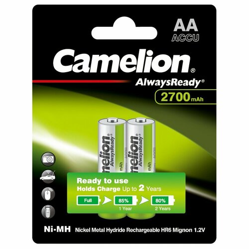 Camelion Аккумулятор Always Ready AA-2700mAh Ni-Mh BL-2 NH-AA2700BP2, аккумулятор,1.2В аккумулятор тип aa пальчиковый 1 2 в 2800 мач блистер 2 шт rexant 30 1428