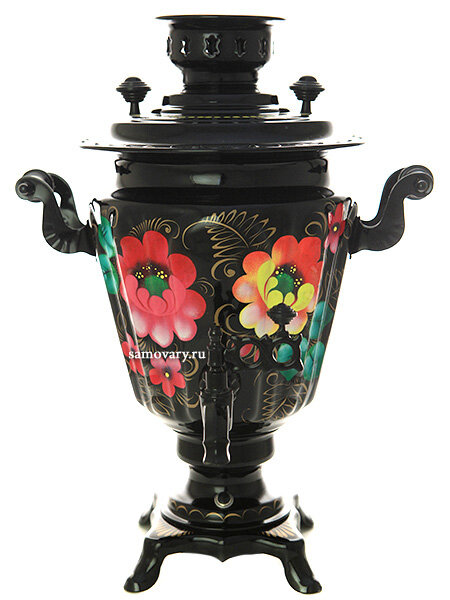 фото Электрический самовар 3 литра с художественной росписью "Жостово на черном" с автоматическим отключением при закипании, арт. 103564к