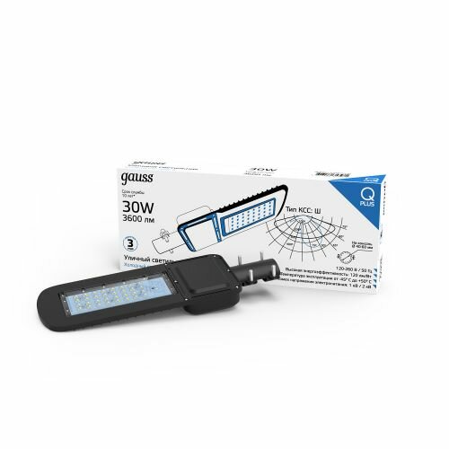 Консольный светильник Gauss Qplus 30W 3600lm 5000K 120-260V IP65 370*145*45мм черный КСС 