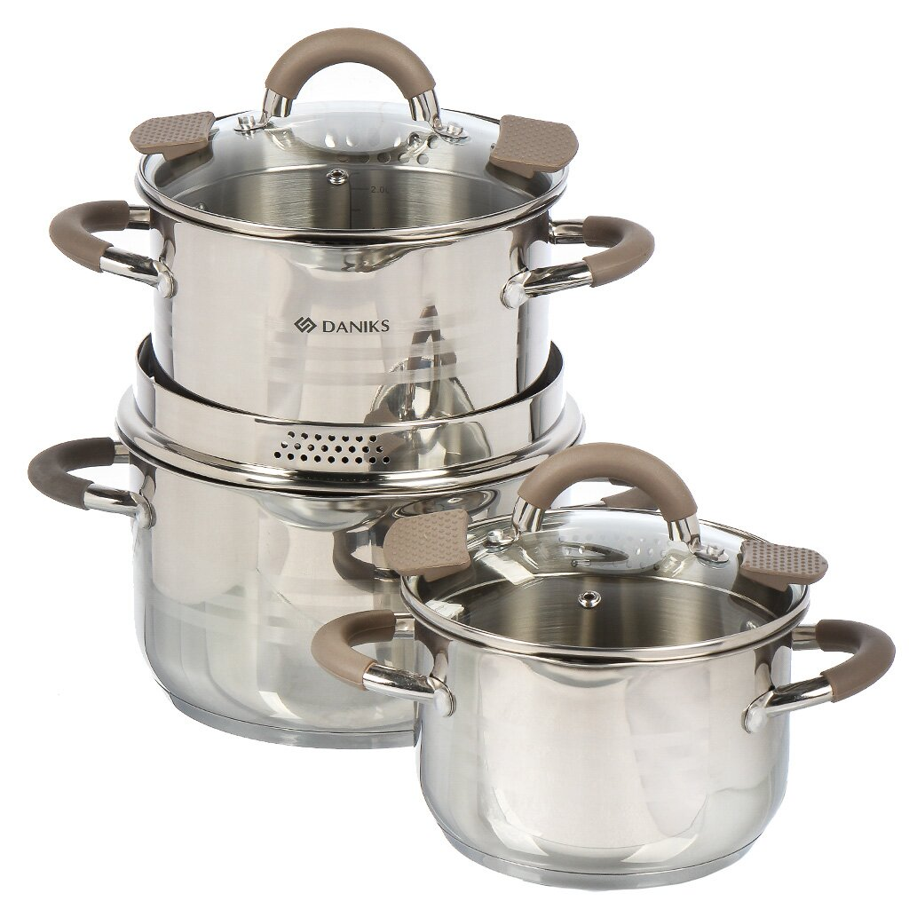 фото Набор посуды нерж, 6 пр, кастрюли 2.1, 2.9, 3.9 л, Daniks, Нара, GS-01413-6PC-2