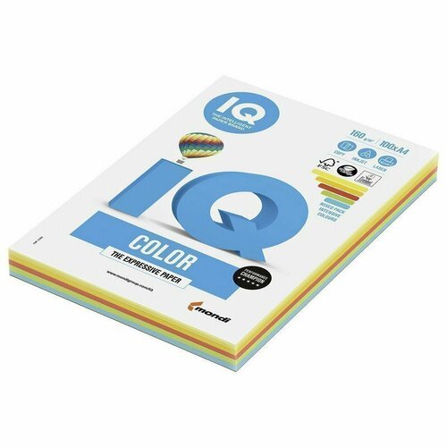 Бумага IQ color, А4, 160 г/м2, 100 л (5 цв. x 20 л), цветная интенсив, RB02