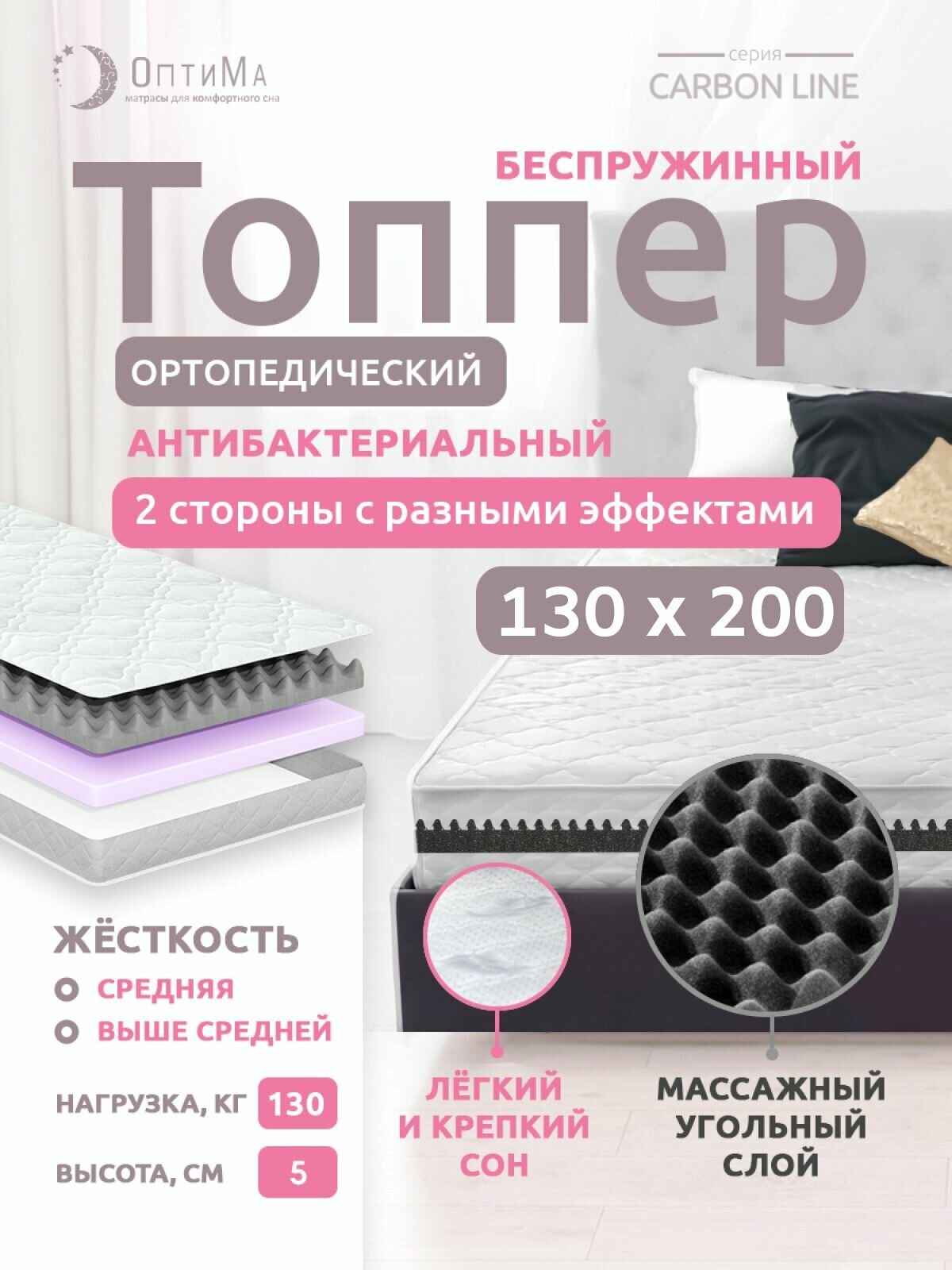 фото Топпер матрас 140х190 см ОптиМа, ортопедический, беспружинный, двуспальный, тонкий матрац для дивана, кровати, высота 5 см с массажным эффектом