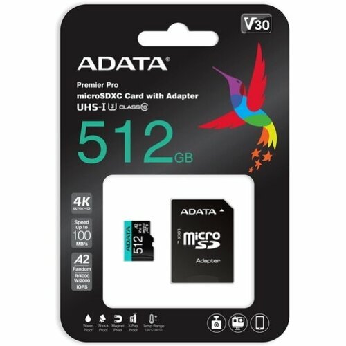 Карта памяти Adata microSDXC 512Gb Premier Pro UHS-I U3 V30 A2 + ADP (100/80 Mb/s) карта памяти smartbuy micro sdhc 32gb advanced series uhs i u3 v30 a1 adp 90 55 mb s