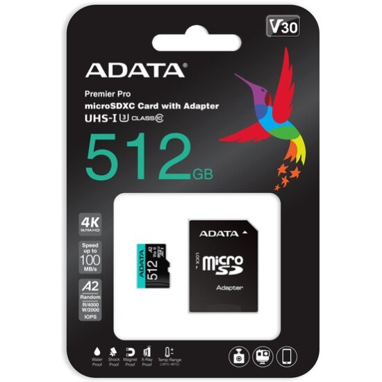 Карта памяти ADATA microSDXC 512Gb Premier Pro UHS-I U3 V30 A2 + ADP (100/80 Mb/s)