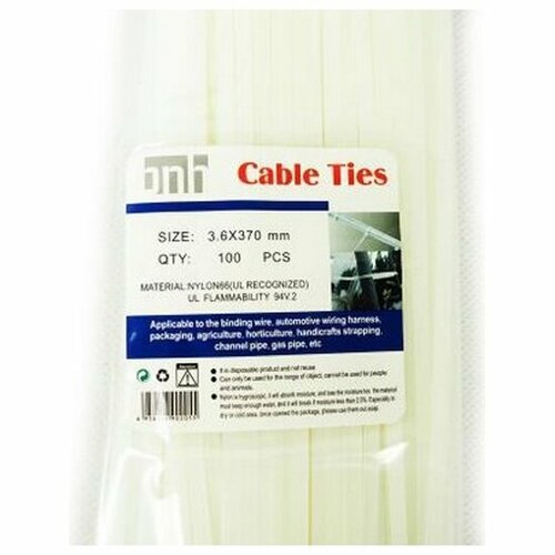 Стяжка кабельная Bnh , неоткрывающаяся, 3,6 мм Ш, 370 мм Д, 100 шт, нейлон, белый (B-370)