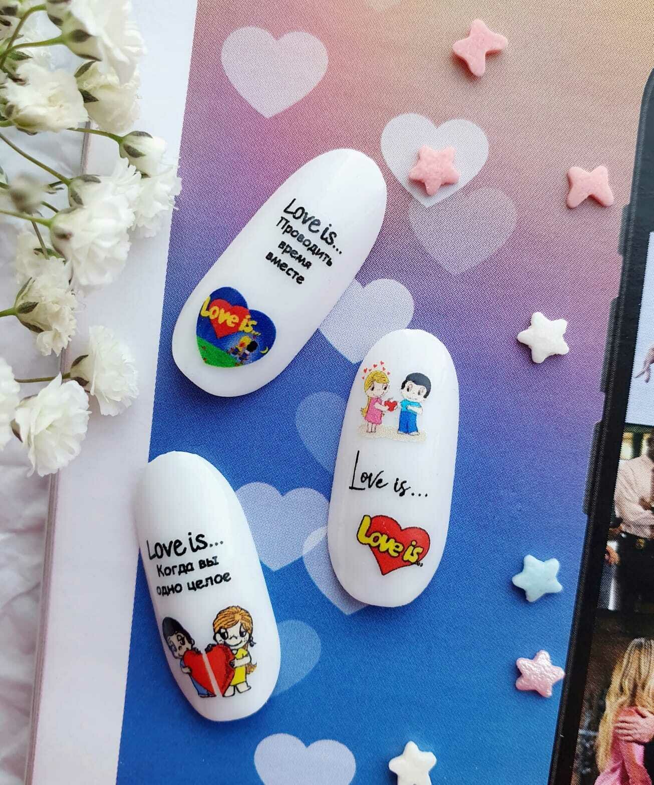 MIW Nails "Слайдеры для ногтей" водные наклейки для дизайна #B-23 цветной текст, love is — фото 1