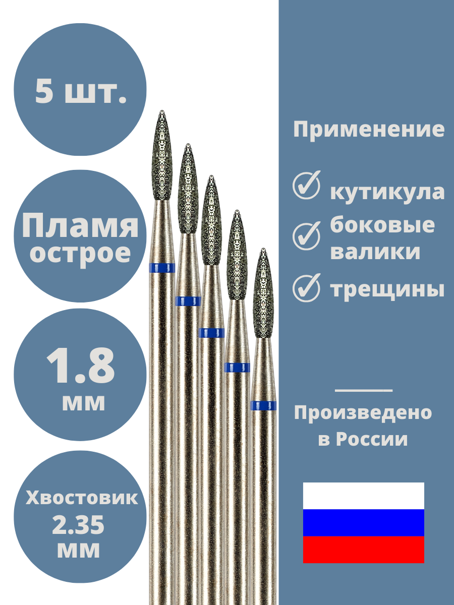 Фреза для маникюра Astial Пламя, алмазная, синяя, диаметр 1,8 мм, 5шт