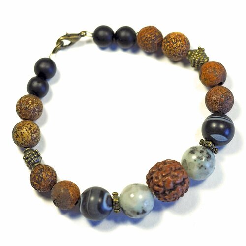 фото Браслет-нить браслет из натуральных камней (агат, яшма, шунгит, рудракша) tov-0252 ручная работа, длина 21.5 см, цена за 1 шт., шунгит, яшма, агат, рудракша, 1 шт., размер 21.5 см, коричневый, черный россия