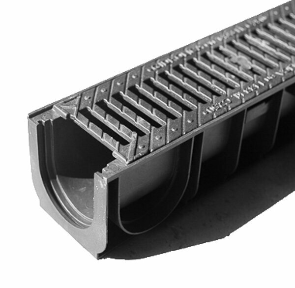 фото Лоток пластиковый DN100 H120 мм с чугунной щелевой решёткой и крепежом класс С250