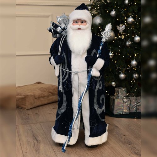 Российский Дед Мороз в синей шубе с серебряным мешком для подарков, 90 см