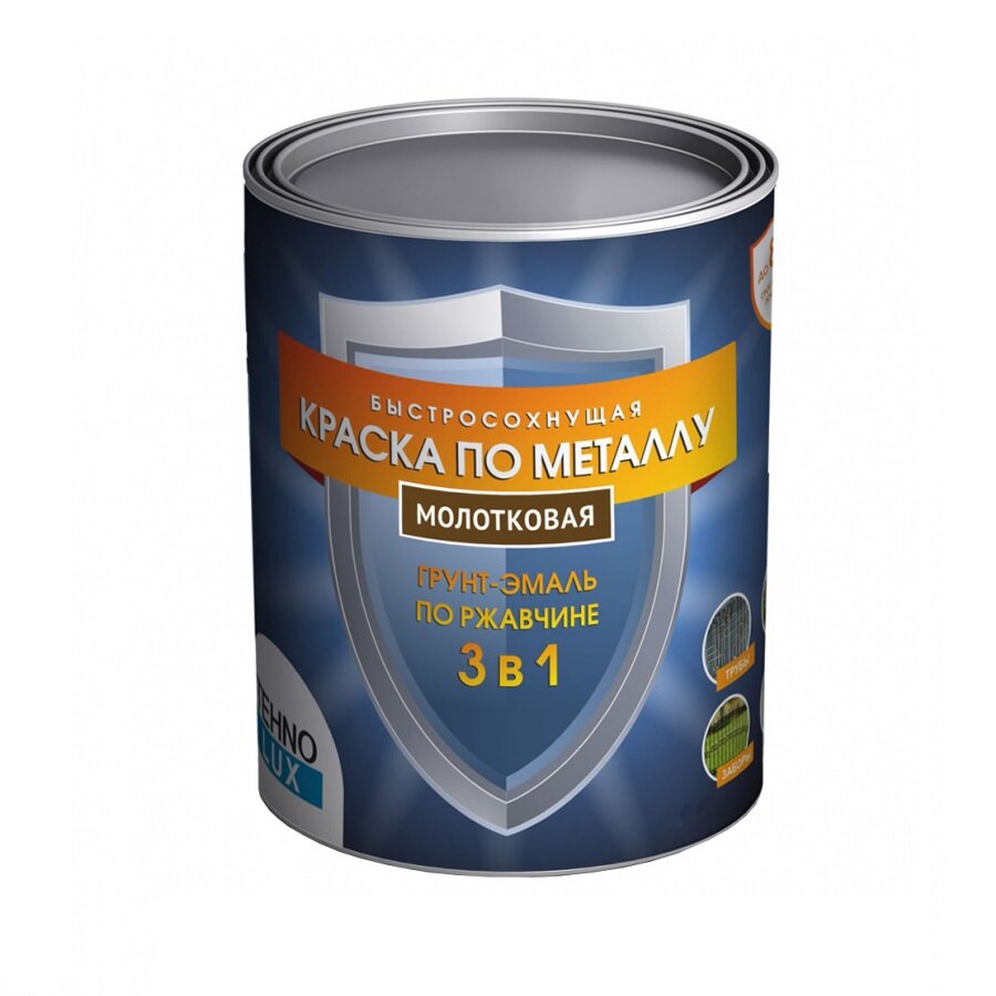 фото Грунт-эмаль по ржавчине быстросохнущая 3 в 1 TehnoLux молотковая (0,9кг) черный