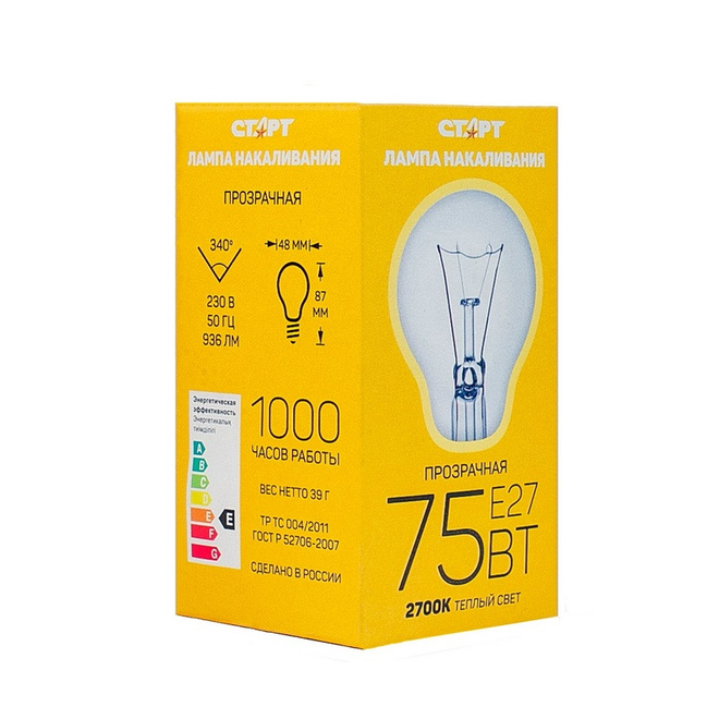 фото Лампа накаливания Старт Электрическая лампа старт стандартная/прозрачная 75W E27