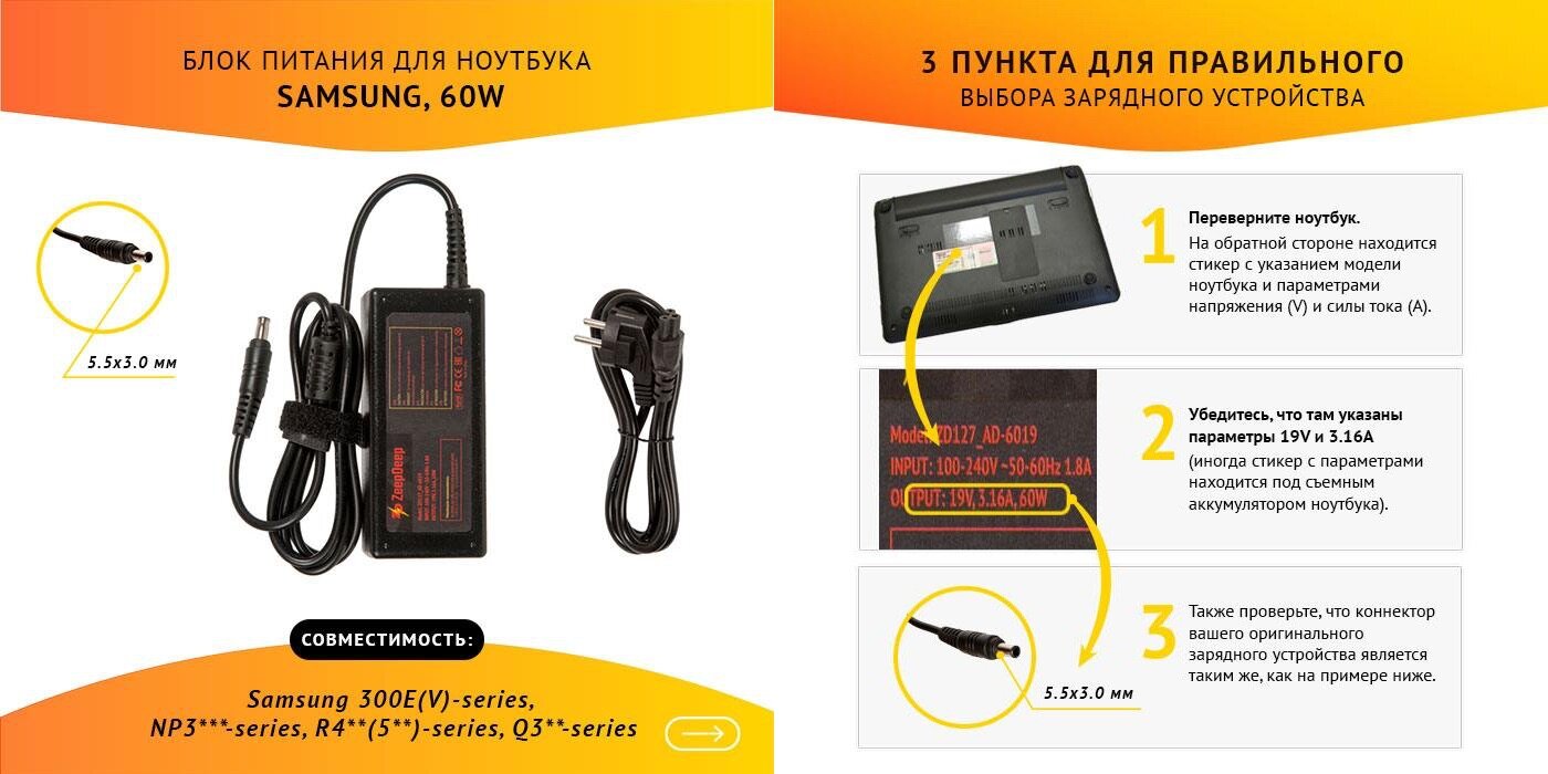 Блок питания (зарядка) ZeepDeep для ноутбука Samsung 300E(V)-series, NP3***-series, 19V 3.16A, 60W с кабелем, штекер 5.5х3.0