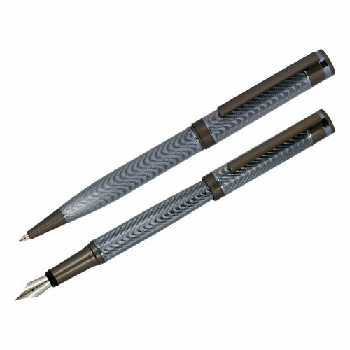 Набор Delucci Stellato: ручка перьевая черная 0,8мм и ручка шариковая синяя 1мм, корпус серебро/хром, подарочная упаковка, 350493 чехол для перьевой ручки кожаный футляр для карандашей 1 шт