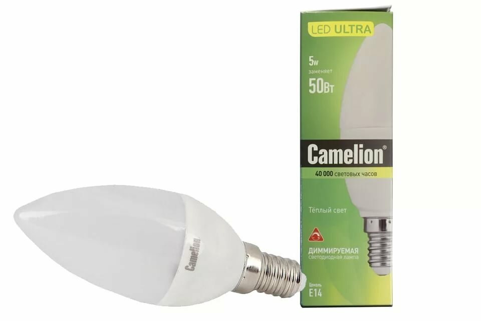 LED лампа свеча диммируемая 5Вт Е14 3000К(теплый свет) - LED5-C35-D/830/E14 (Camelion) (код 1169)