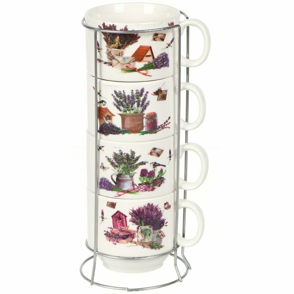 фото Кружка керамика, 150 мл, 4 шт, Лаванда лайф, металлическая подставка, Y4-6653, металлическая подставка