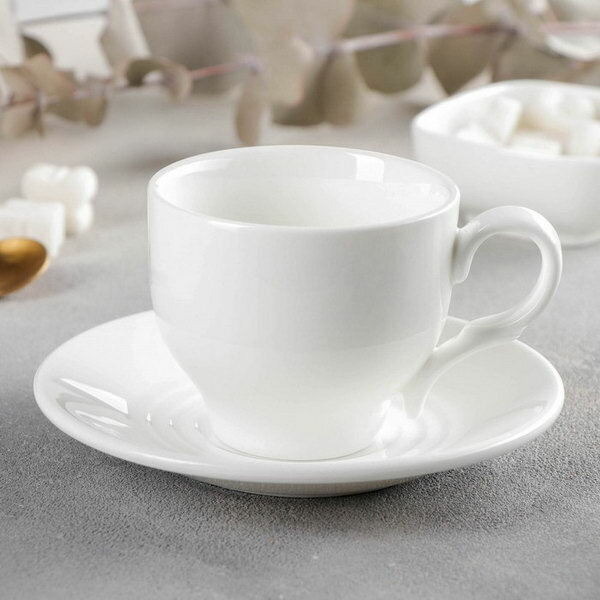 Чайная пара фарфоровая Wilmax, 2 предмета: чашка 220 мл, блюдце d=14.2 см, цвет белый, 6 шт.