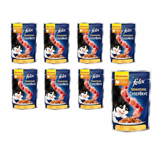 Влажный корм Felix Sensations Супервкус для кошек, со вкусом индейки и ягод, в желе, пауч, 75 г, 8 шт