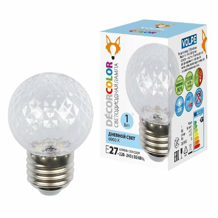 Лампа светодиодная E27 1W 6000K прозрачная LED-D45-1W/6000K/E27/CL/С PINEAPPLE UL-00010065