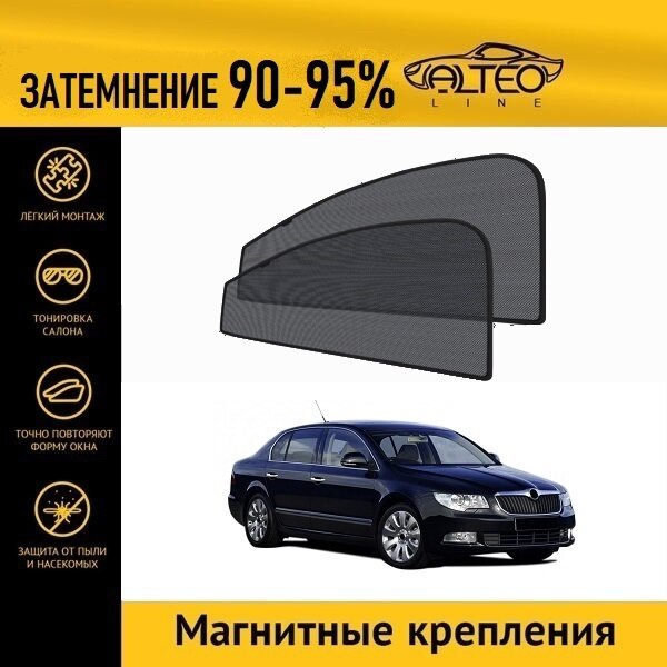 Каркасные автошторки ALTEO PREMIUM на Skoda Superb 2 (2008-2013) лифтбек на передние двери на магнитах с затемнением 90-95%