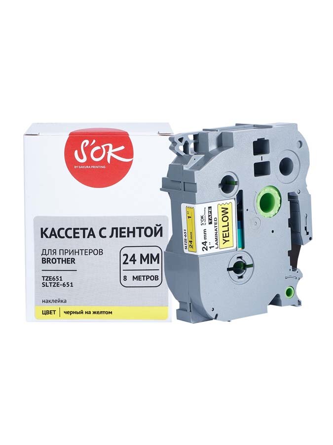 Кассета с лентой TZE-651 для Brother PT-E550WVP, PT-P700, PT-D600VP S'OK черный на желтом, 24мм/8м, наклейка