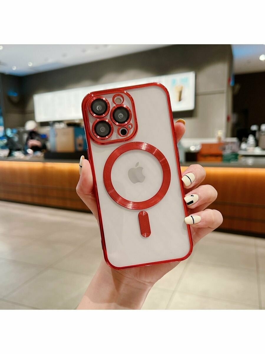 Чехол для iPhone 12 Pro Max с защитой камеры Прозрачно-Красный MagSafe беспроводной Зарядкой