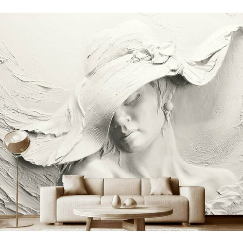 Фотообои на стену флизелиновые 3D Модный Дом Красотка в стильной шляпке 300x250 см (ШxВ), фотообои скульптура, искусство