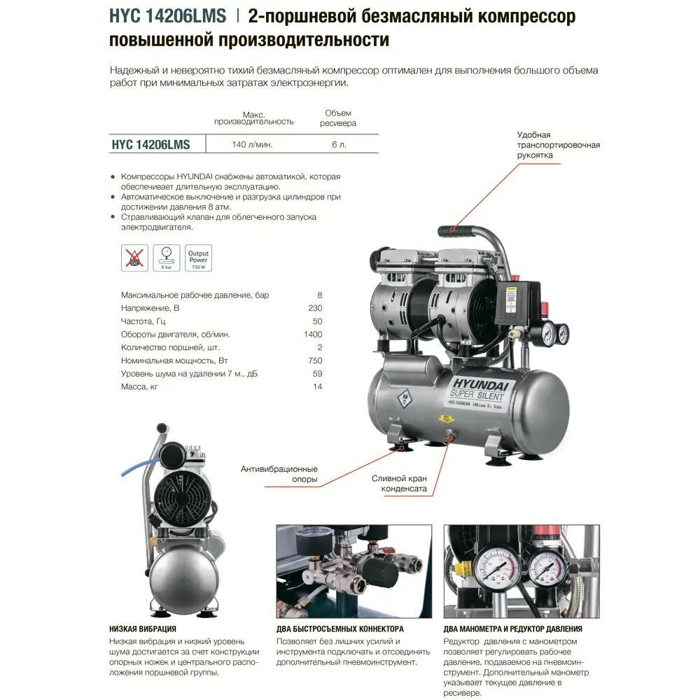 Компрессор Hyundai HYC 14206LMS 6 л 140 л/мин 750 Вт