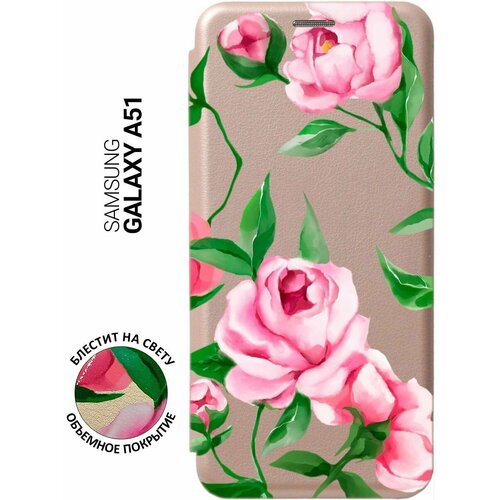 Чехол-книжка на Samsung Galaxy A51, Самсунг А51 с 3D принтом Amazing Peonies золотистый чехол книжка на samsung galaxy s20 самсунг с20 с 3d принтом amazing peonies золотистый