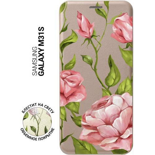 чехол книжка на samsung galaxy s10e самсунг с10е с 3d принтом amazing roses золотистый Чехол-книжка на Samsung Galaxy M31S, Самсунг М31с с 3D принтом Amazing Roses золотистый