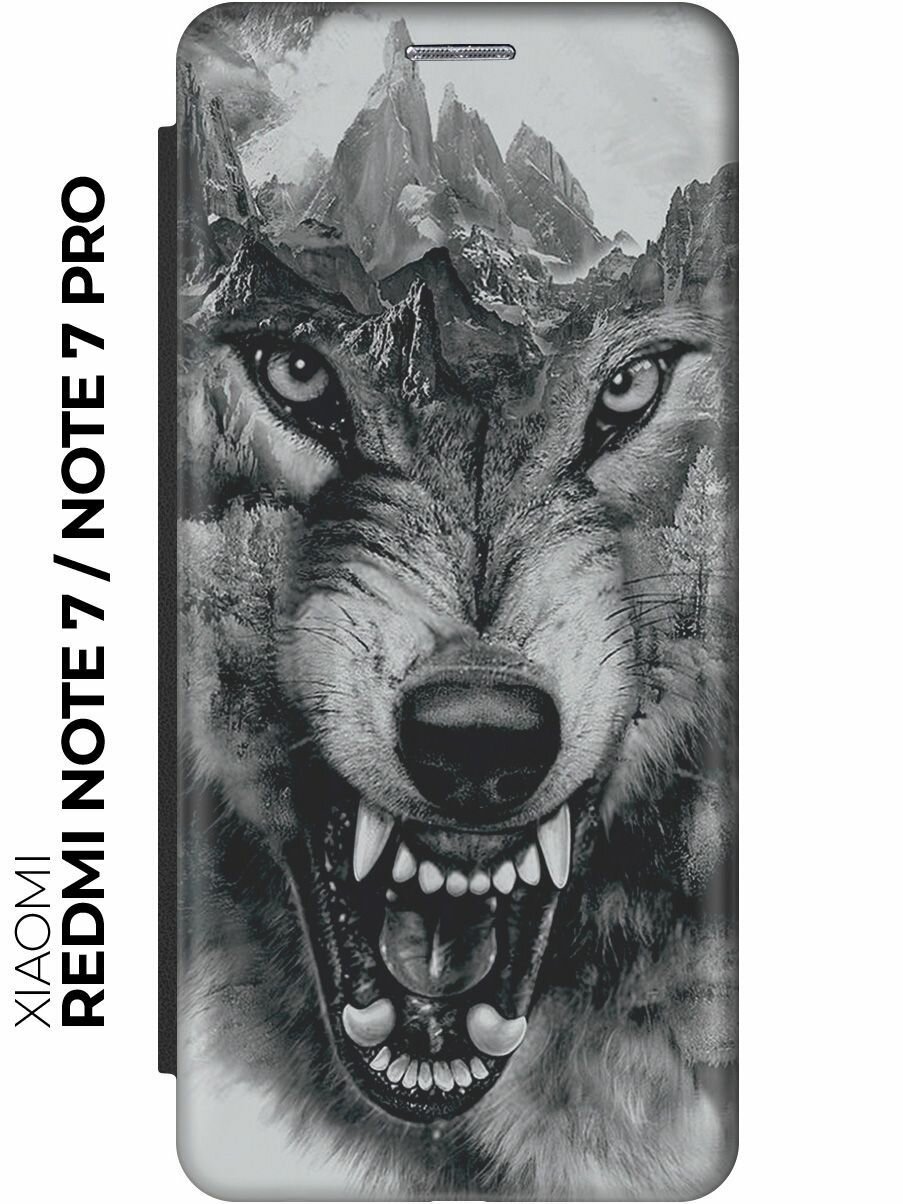 Чехол-книжка Волк в горах на Xiaomi Redmi Note 7 / Note 7 Pro / Сяоми Редми Ноут 7 / Ноут 7 Про черный