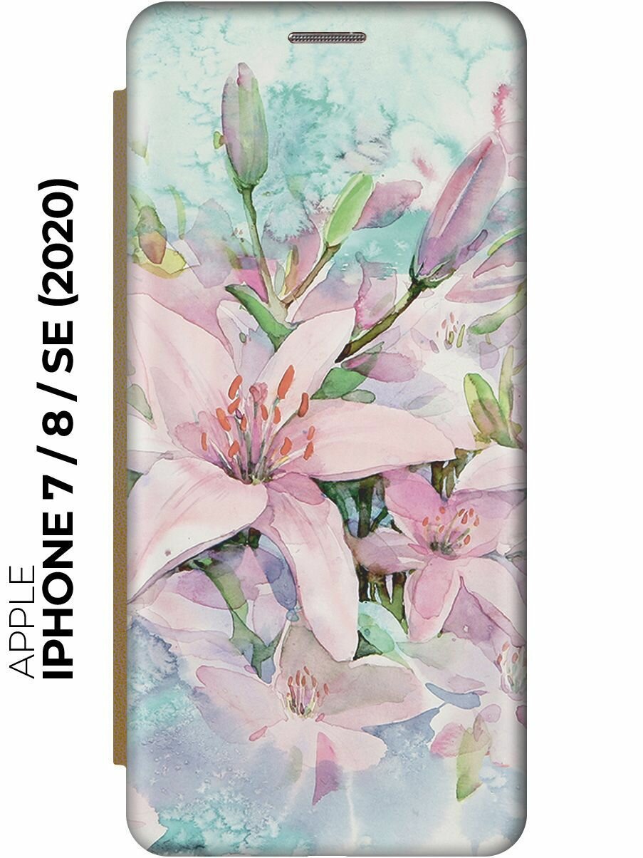 Чехол-книжка на Apple iPhone SE (2022) / SE (2020) / 8 / 7 / Эпл Айфон СЕ 2022 / СЕ 2020 / 8 / 7 с рисунком "Нежные розовые цветы" золотой