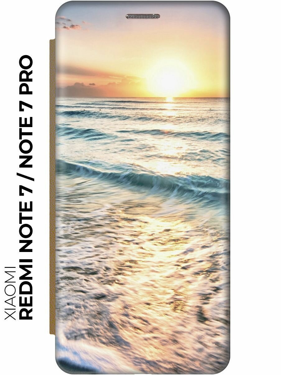 Чехол-книжка Закат на море на Xiaomi Redmi Note 7 / Note 7 Pro / Сяоми Редми Ноут 7 / Ноут 7 Про золотой