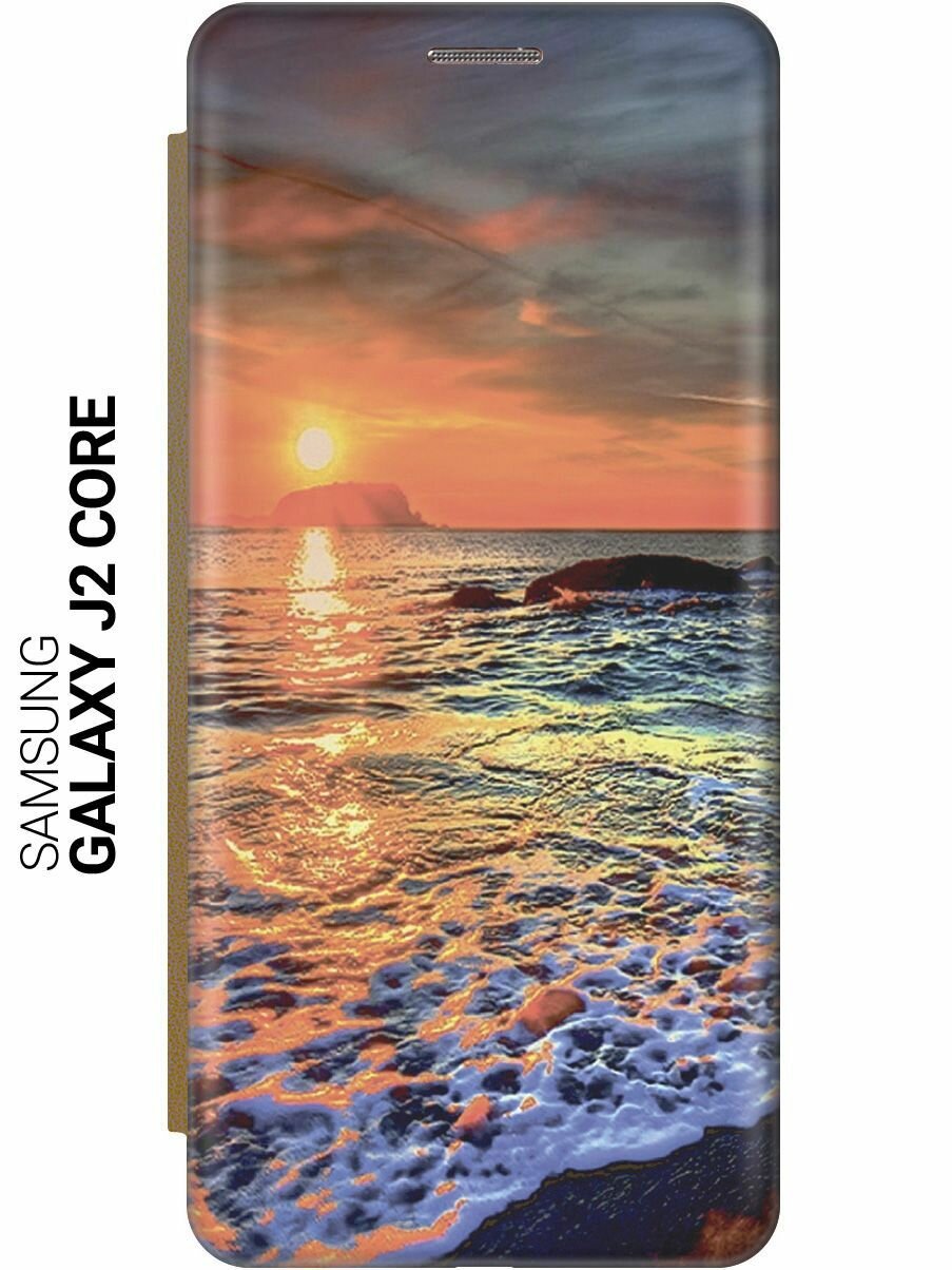 Чехол-книжка на Samsung Galaxy J2 Core / Самсунг Джей 2 Кор c принтом "Закат на море" золотистый