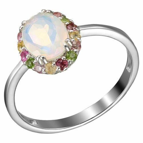 фото Перстень uvi серебряное кольцо с опалом белый эфиопия и турмалинами, серебро, 925 проба, родирование, опал, турмалин, размер 18, белый, розовый