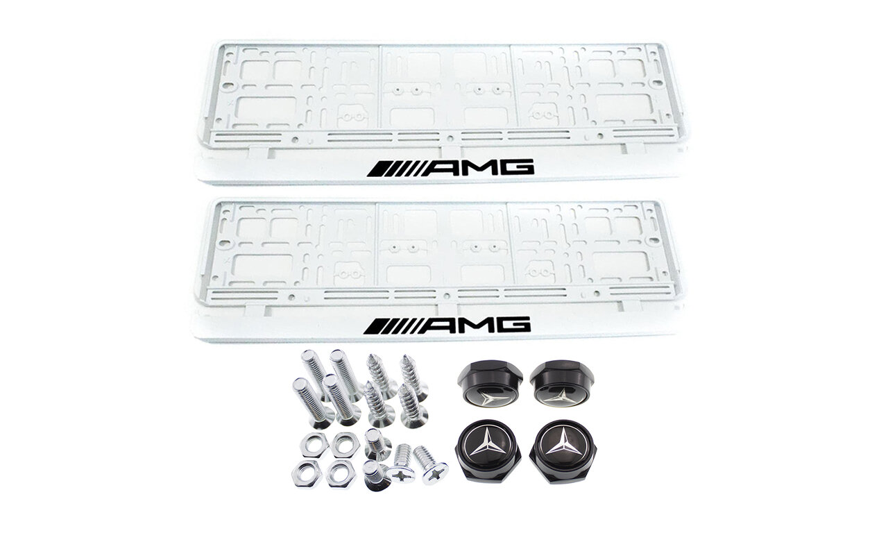 Комплект: пластиковая рамка для гос. номера AMG Белый 2шт. плюс болты для номерных знаков Mercedes звезда черные 4шт.