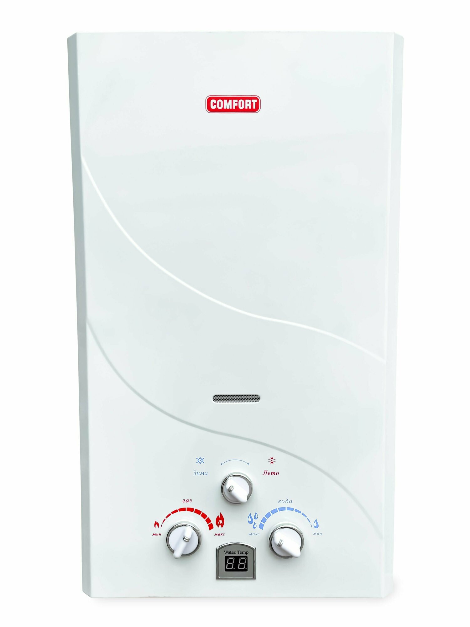 Газовый водонагреватель "COMFORT" модель 10 A, дымоходная, белый цвет панели, с дисплеем