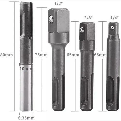 Адаптеры-переходники SDS-PLUS под головки 1/4", 3/8", 1/2", Е1/4" набор 4 шт.