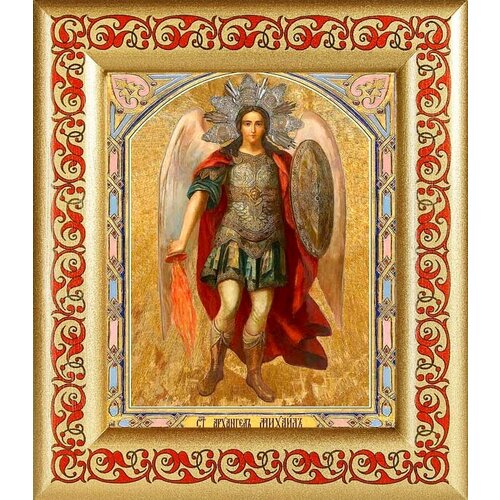 Архангел Михаил, Архистратиг (лик № 142), икона в рамке с узором 14,5*16,5 см