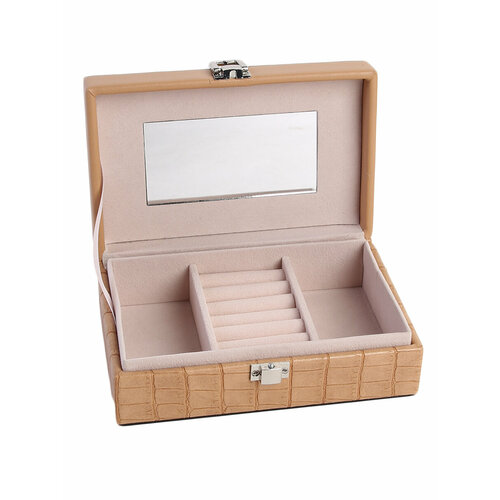 Шкатулка для украшений и часов маленькая с зеркалом и замком бежевая, коричневая