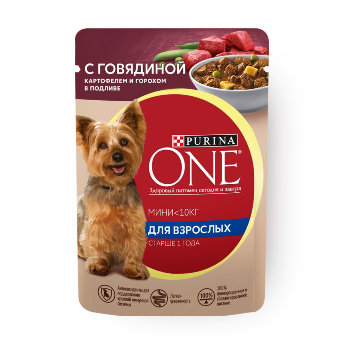 Влажный корм для собак Мини Purina One с говядиной, картофелем и горохом в подливе, 85 г