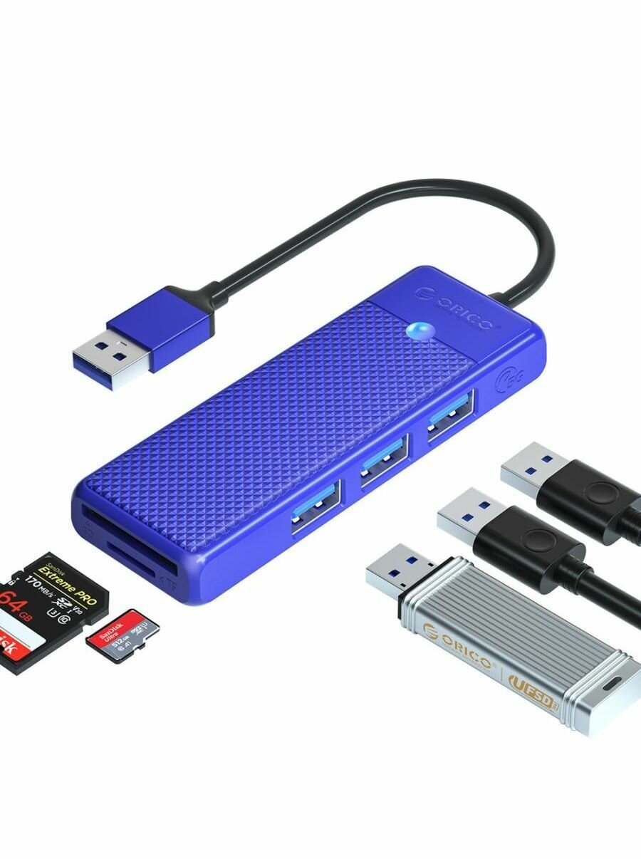 Концентратор ORICO USB-A с 3x USB-A слотом для SD и Micro SD синий (ORICO-PAPW3AT-U3-015-BL-EP)