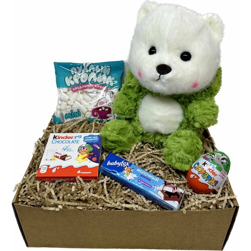 Подарочный набор, бокс, Мягкая игрушка мишка в костюме дракона-динозавра 28 см, сладости Kinder шоколад, яйцо, маршмеллоу, BabyFox