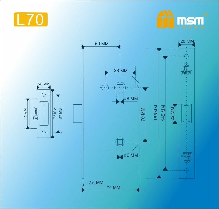 Замок врезной сантехнический под фиксатор MSM L70 PB цвет: золото