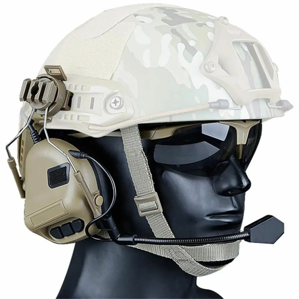 Наушники активные на шлем/тактические военный с гарнитурой с микрофоном для связи песок