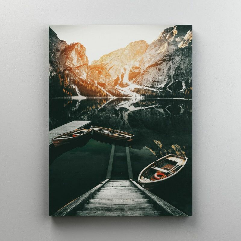 Интерьерная картина на холсте "Лодки у горного озера - в скандинавском стиле" размер 22x30 см