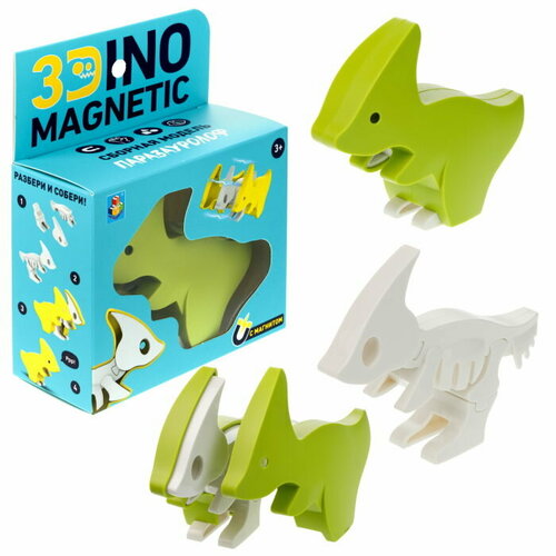 Игрушка динозавр 1TOY 3Dino Magnetic Паразауролоф, сборный, с магнитом, для развития моторики и сил рук, цвет зеленый фигурка динозавр паразауролоф оранжевый масштаб 1 288