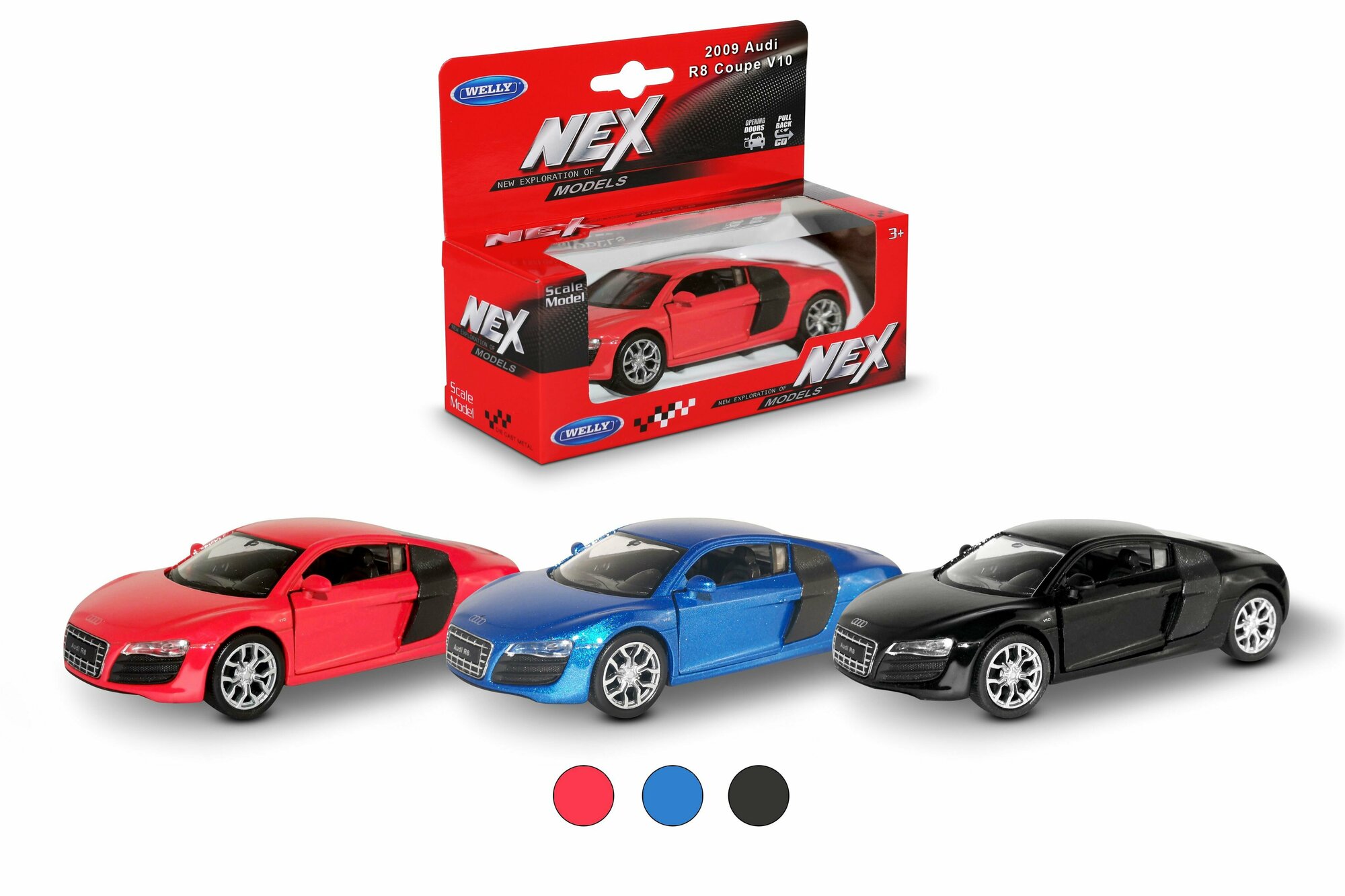 Игрушка Welly, модель машины 1:38 с пруж. мех., 2009 AUDI R8 V10, цв. в асс. 43633W