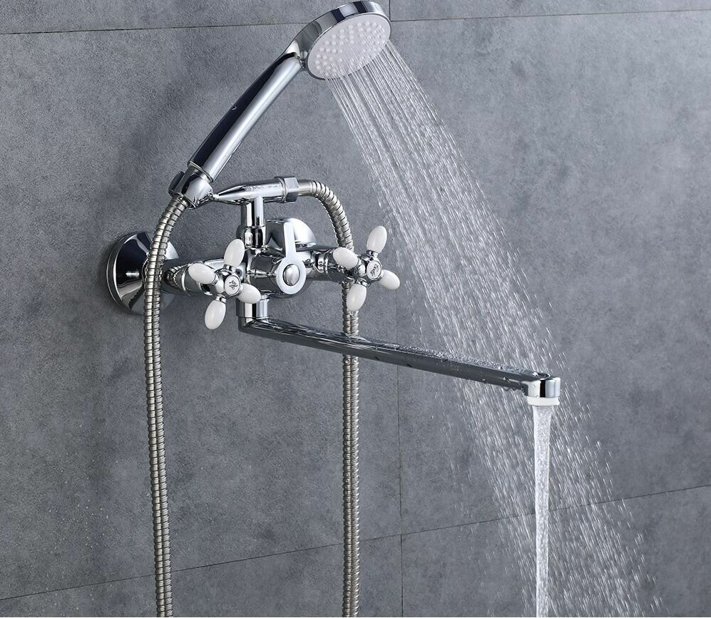 Смеситель для ванны / душа / раковины с длинным 40 см поворотным изливом хромированный , белый